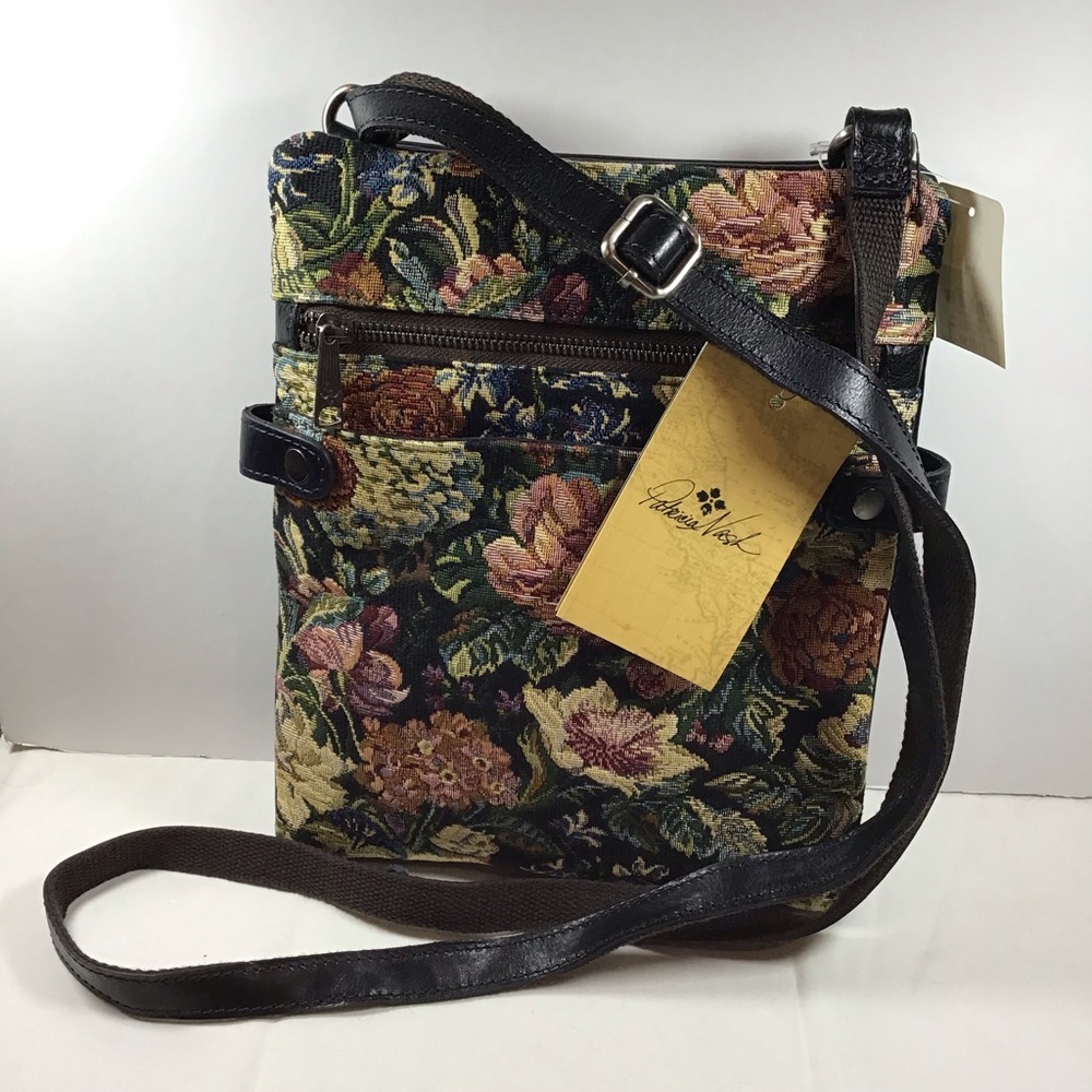 Patricia Nash Prizzi Leather & Woven Floral Tapestry Crossbody MSRP $199